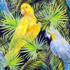Wizualizacja tapety do pokoju dziennego, młodzieżowego, sypialni, salonu, przedpokoju, biura z motywem tropikalnej dżungli. Tapeta przedstawia żółte i niebieskie papugi i liście palm, na czarnym tle.