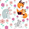 Wizualizacja tapety na ścianę do pokoju dziecięcego ze zwierzętami. Tapeta przedstawia słodkie rude liski, szare króliczki i myszki wśród różowych, wiosennych kwiatów, na białym tle.