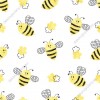 Wizualizacja tapety na ścianę do pokoju dziecięcego w wesołe, latające pszczółki i żółte kwiaty, na białym tle.