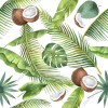 Wizualizacja tapety do pokoju dziennego, sypialni, salonu, przedpokoju, biura z motywem dżungli. Tapeta w tropikalnym klimacie przedstawia kokosy i zielone liście egzotycznych roślin, na białym tle.