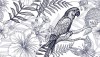 Wizualizacja tapety do pokoju dziennego, sypialni, salonu, przedpokoju, biura. Czarno-biała tapeta przedstawia papugi w dżungli, siedzące na gałęzi, wśród tropikalnych roślin i owoców.