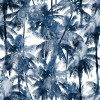 Wizualizacja tapety do pokoju dziennego, sypialni, salonu, przedpokoju, biura z motywem tropikalnym. Tapeta przedstawia ciemnoniebieskie palmy, na białym tle.