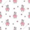 Wizualizacja tapety na ścianę do pokoju dziecięcego w słodkie hipopotamy w różowych sukienkach i kwiaty, na białym tle.