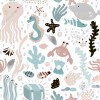 Wizualizacja tapety na ścianę do pokoju dziecięcego z motywem świata podwodnego. Na tapecie są różne zwierzęta i rośliny morskie, w kolorach pastelowych.
