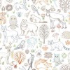 Wizualizacja tapety na ścianę do pokoju dziecięcego z motywem leśnym, przedstawiająca rośliny i zwierzęta lasu, na białym tle.