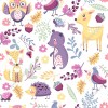 Wizualizacja tapety na ścianę do pokoju dziecięcego z leśnymi zwierzętami. Tapeta przedstawia wesołe jelonki, jeże, sowy, ptaki, misie i lisy w kolorach fioletowym i żółtym oraz leśne rośliny.