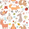 Wizualizacja tapety na ścianę do pokoju dziecięcego z leśnymi zwierzętami. Lis, wiewiórka, ptak, jeleń, królik, w odcieniach pomarańczu i brązu, na białym tle.