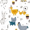 Wzornik tapety na ścianę do pokoju dziecięcego w szaro-żółte koty, kury, kaczki i króliki, na białym tle.