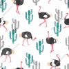 Wizualizacja tapety na ścianę do pokoju dziecięcego w czarno-różowe strusie i zielone kaktusy, na białym tle.