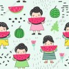 Wizualizacja tapety na ścianę do pokoju dziecięcego. Tapeta przedstawia małe dziewczynki w zielonych sukienkach, które jedzą arbuza, tło seledynowe.