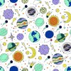 Wizualizacja tapety na ścianę do pokoju dziecięcego o tematyce kosmosu. Tapeta przedstawia kolorowe planety, księżyc i słońce, na białym tle. Na tapecie dominują kolory: zielony, fioletowy, żółty i niebieski.