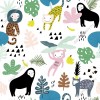 Wizualizacja tapety na ścianę do pokoju dziecięcego z motywem tropikalnym. Lemury, orangutany, małpy i egzotyczne rośliny w dżungli. Na tapecie dominują kolory: zielony, różowy, niebieski, czarny i brązowy, białe tło.