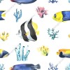 Wizualizacja tapety na ścianę do pokoju dziecięcego przedstawiające świat podwodny. Kolorowe (żółte niebieskie, czarno-białe) ryby i rafa koralowa, na białym tle. 
