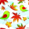 Wizualizacja tapety na ścianę do pokoju dziecięcego. Tapeta przedstawia zielono-czerwone ptaki i opadające, jesienne licie, wśród błękitnych obłoków, na białym tle.