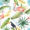 Wizualizacja tapety do pokoju dziecięcego, młodzieżowego lub sypialni  z motywem tropikalnym. Różowe flamingi, czarne tuka ny i zielone liście egzotycznych roślin, na żółto-niebiesko-białym tle.