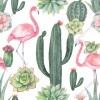 Wizualizacja tapety do pokoju dziecięcego i młodzieżowego, pokoju dziennego, sypialni, salonu, przedpokoju, biura. Różowe flamingi i zielone, kwitnące kaktusy, na białym tle.