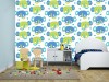 Wizualizacja tapety na ścianę do pokoju dziecięcego, w zielone i niebieskie słonie, na białym tle.