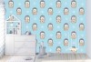 Wizualizacja tapety na ścianę do pokoju dziecięcego. Tapeta przedstawia urocze jeżyki siedzące w doniczkach, na niebieskim tle.