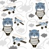 Wzornik tapety na ścianę do pokoju dziecięcego, przedstawiająca samoloty i pandy w roli pilotów, tło białe.