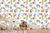 Wizualizacja tapety na ścianę do pokoju dziecięcego. Tapeta przedstawia psy rasy husky, w tle kolorowe, abstrakcyjne kule, na białym tle.