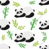 Wizualizacja tapety na ścianę do pokoju dziecięcego ze zwierzętami. Tapeta w śpiące misie panda i zielone liście oraz pędy bambusa, na białym tle.
