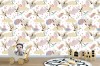 Wizualizacja tapety na ścianę do pokoju dziecięcego, młodzieżowego, dziennego, sypialni, salonu, przedpokoju, biura,. Kolorowa tapeta z tradycyjnymi japońskimi motywami; żurawiami, parasolami, kwiatami wiśni (sakura) oraz żółte, abstrakcyjnymi chmurami, na białym tle.