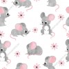 Wizualizacja tapety przeznaczonej do pokoju dziecięcego ze zwierzętami. Tapeta w urocze szare myszki i różowe kwiaty, na białym tle.