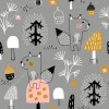 Wizualizacja tapety przeznaczonej do pokoju dziecięcego. Tapeta prezentuje abstrakcyjny las z wiewiórkami, drzewami, grzybami i żołędziami w kolorach czarnym, białym, złotym i różowym, na szarym tle.