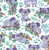 Wzornik tapey na ścianę do pokoju dziecięcego o tematyce zwierzęcej. Tapeta w misie koala na białym tle. Misie śpią na gałęziach i jedzą liście eukaliptusa.