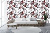 Wizualizacja tapety na ścianę do pokoju dziennego, sypialni, salonu, przedpokoju, biura. Tapeta przedstawia ptaki siedzące na gałązkach jeżyn i owoców jarzębiny, w kolorach czerwonym, szarym i czarnym, na białym tle. 