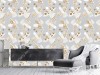 Wizualizacja tapety do sypialni, salonu, przedpokoju, gabinetu.  Tapeta przedstawia abstrakcyjne biało-złote gołębie, w różne wzory, niosące gałązkę z listkiem w kształcie serca, na szarym tle.