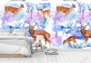 Wizualizacja tapety do pokoju dziecięcego, młodzieżowego, dziennego, sypialni, salonu, przedpokoju. Tapeta przedstawia rodzinę jeleni w na abstrakcyjnym tle w kolorach różowo-fioletowych.