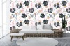 Wizualizacja tapety do pokoju dziennego, sypialni, salonu, przedpokoju, biura. Tapeta przedstawia tropikalny las, w różowe i białe papugi  z czarnymi, szarymi i różowymi, egzotycznym roślinami i kwiatami, na białym tle.