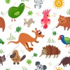 Wizualizacja tapety do pokoju dziecięcego ze zwierzętami. Tapeta w australijskie zwierzątka: kangury, misie koala, dziobaki, diabły tasmańskie, ptaki kiwi, kolczatki, na białym tle. 