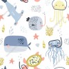 Wizualizacja tapety na ścianę do pokoju dziecięcego o tematyce świata podwodnego. Tapeta z białym tłem, przedstawiająca morskie stworzenia (ryby, wieloryby, meduzy, ośmiornice i żółwie).