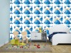Wizualizacja tapety do pokoju dziecięcego w małe i duże wieloryby, w kolorze niebieskim, na białym tle.