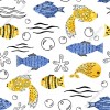 Wizualizacja tapety na ścianę do pokoju dziecięcego o tematyce świata podwodnego. Tapeta w niebieskie i żółte ryby morskie, na białym tle.
