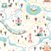 Wizualizacja tapety na ścianę do pokoju dziecięcego o tematyce baśniowej. Mapa baśniowego świata przedstawia, zamki,  jaskinię smoka, karetę księżniczki i drzewa w kolorach różowym, morskim i żółtym, na białym tle.