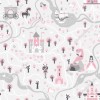 Wizualizacja tapety na ścianę do pokoju dziecięcego o tematyce baśniowej. Mapa baśniowego świata przedstawia zamek, księcia i księżniczkę,  jaskinię smoka, jednorożce i wróżki, w kolorach różowo-szarych.