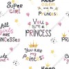 Wizualizacja tapety przeznaczona do pokoju dziecięcego dla dziewczynki. Tapeta na białym tle; zawiera napisy You are a princess, All girls are princesses, Super girl.