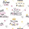 Wzornik tapety przeznaczona do pokoju dziecięcego dla dziewczynki. Tapeta na białym tle; zawiera napisy \You are a princess\, \All girls are princesses\, \Super girl\.