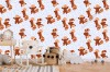 Wizualizacja tapety na ścianę do pokoju dziecięcego przedstawiająca zwierzęta. Tapeta w uśmiechnięte pandy czerwone, na fioletowym tle.