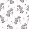 Wizualizacja tapety na ścianę do pokoju dziecięcego ze zwierzętami. Tapeta w szare króliczki, z różowymi kwiatkami i motylkami, na białym tle.