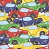 Wizualizacja tapety na ścianę do pokoju dziecięcego w żółte, czerwone, zielone i fioletowe samochody.