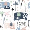 Tapeta na ścianę do pokoju dziecięcego ze słoniami, palmami i kwiatami, na białym tle, w pastelowych kolorach (niebieski, kremowy, zielony, różowe, szary, czarny).