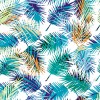 Wizualizacja tapety do pokoju dziennego, młodzieżowego, sypialni, salonu, przedpokoju, biura z motywem tropikalnych roślin. Tapeta prezentuje niebiesko-zielono-pomarańczowe liście palm, na białym tle.