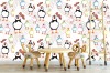 Wizualizacja tapety na ścianę do pokoju dziecięcego. Tapeta w kolorowe maskonury na tle wzorów geometrycznych.