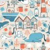 Wizualizacja tapety do pokoju dziecięcego. Tapeta w stylu skandynawskim przedstawia scenerię morza północnego z wielorybami, fokami, mewami, rakami, statkami i latarniami morskimi. 