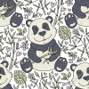 Wizualizacja tapety do pokoju dziennego, dziecięcego, młodzieżowego, sypialni, salonu. Tapeta a wesołym misiem pandą wśród liści i pędów bambusa, na białym tle.