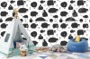 Wizualizacja tapety do pokoju dziecięcego. Tapeta w śmieszne, wesołe, czarne owce, na białym tle.